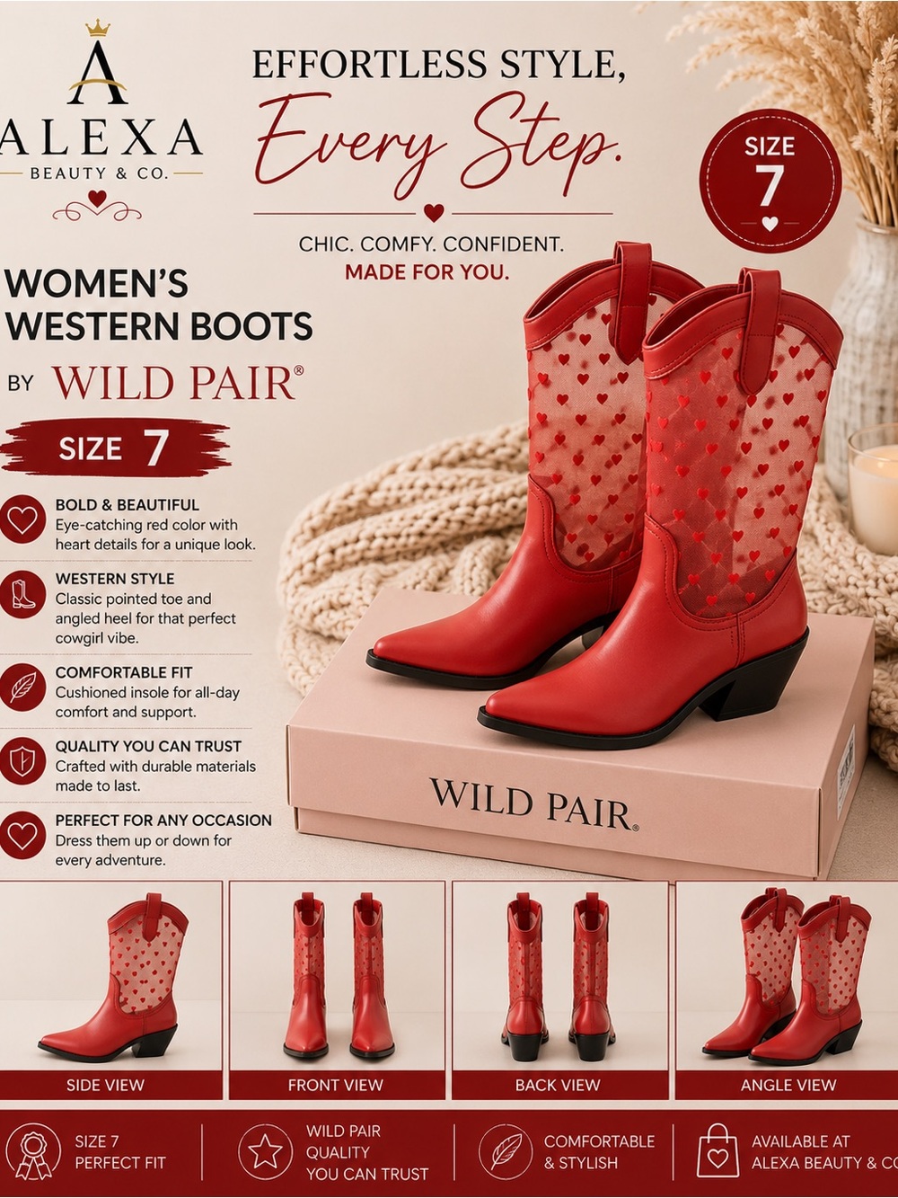 Wild Pair Red Heart-Accent Western Ankle Boots